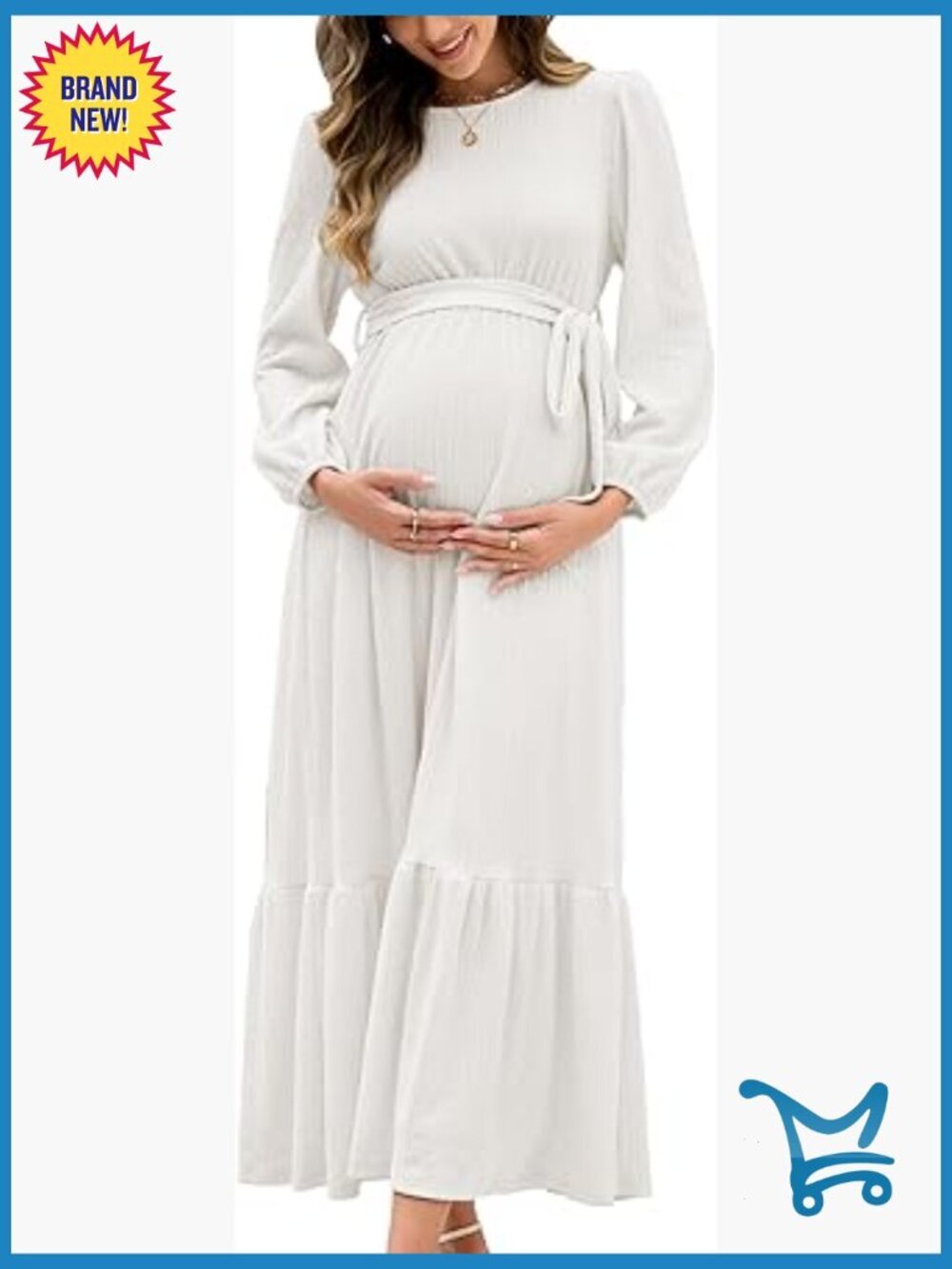 Maternity Maxi Dress with Belt Long Sleeve Crew Neck Pockets Baby Shower